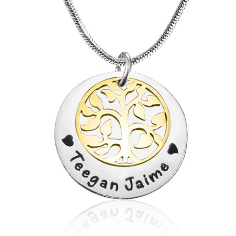 Personalised family tree single-disc necklace in gold and silver tones