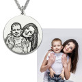 Grey Photo Necklace with Engraved Text Round photo necklace with engraved text