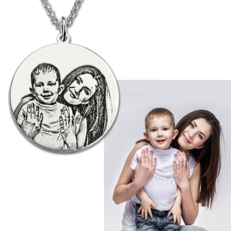 Grey Photo Necklace with Engraved Text Round photo necklace with engraved text