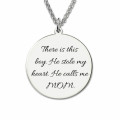Grey Photo Necklace with Engraved Text Round photo necklace with engraved text