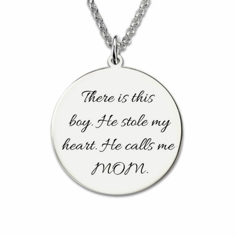 Grey Photo Necklace with Engraved Text Round photo necklace with engraved text