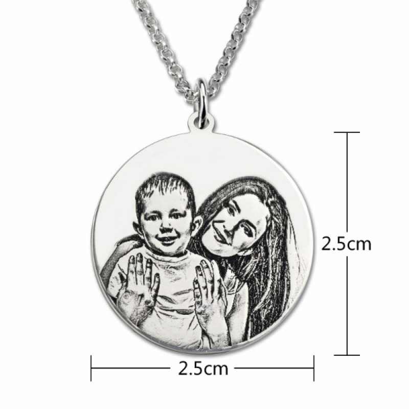 Grey Photo Necklace with Engraved Text Round photo necklace with engraved text