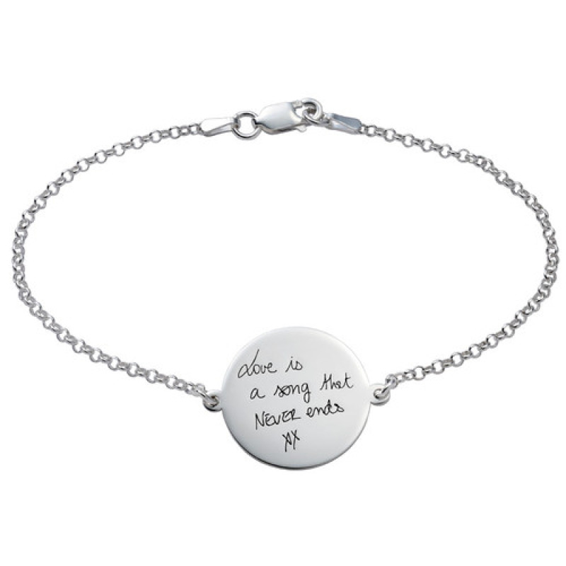 Custom Handwriting Disc Bracelet Custom engraved handwriting disc bracelet with a Rolo chain