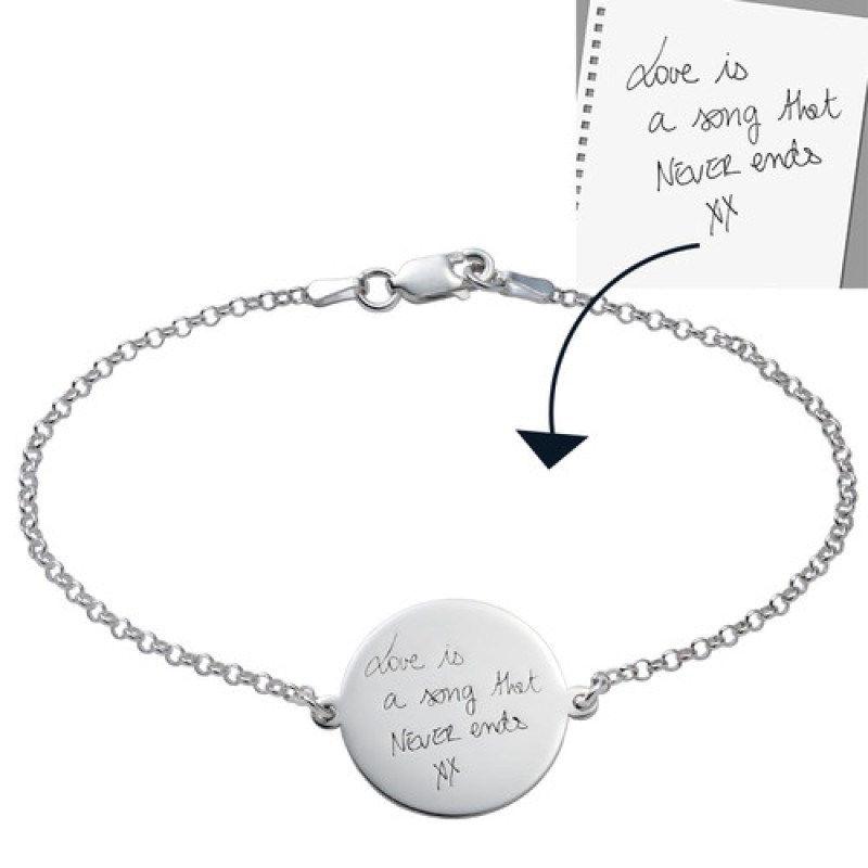 Custom Handwriting Disc Bracelet Custom engraved handwriting disc bracelet with a Rolo chain