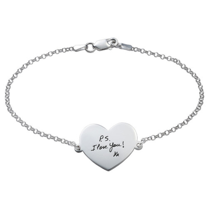 Heart Shaped Engraved Handwriting Bracelet Heart-shaped engraved handwriting bracelet with a Rolo chain