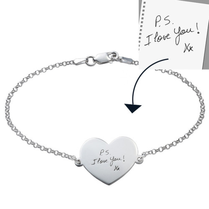 Heart Shaped Engraved Handwriting Bracelet Heart-shaped engraved handwriting bracelet with a Rolo chain