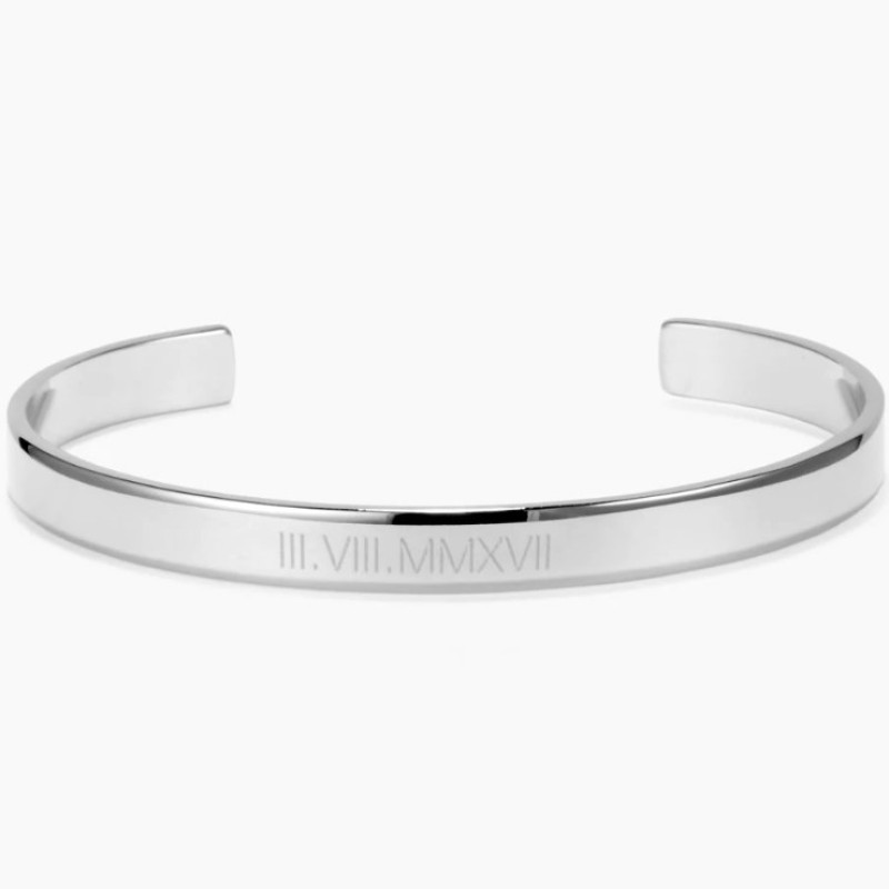 Roman numeral cuff bracelet bangle with personalised date engraving
