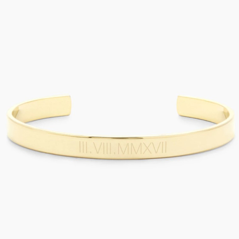 Roman numeral cuff bracelet bangle with personalised date engraving