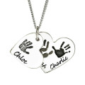 Sterling silver double-heart hand or footprint pendant