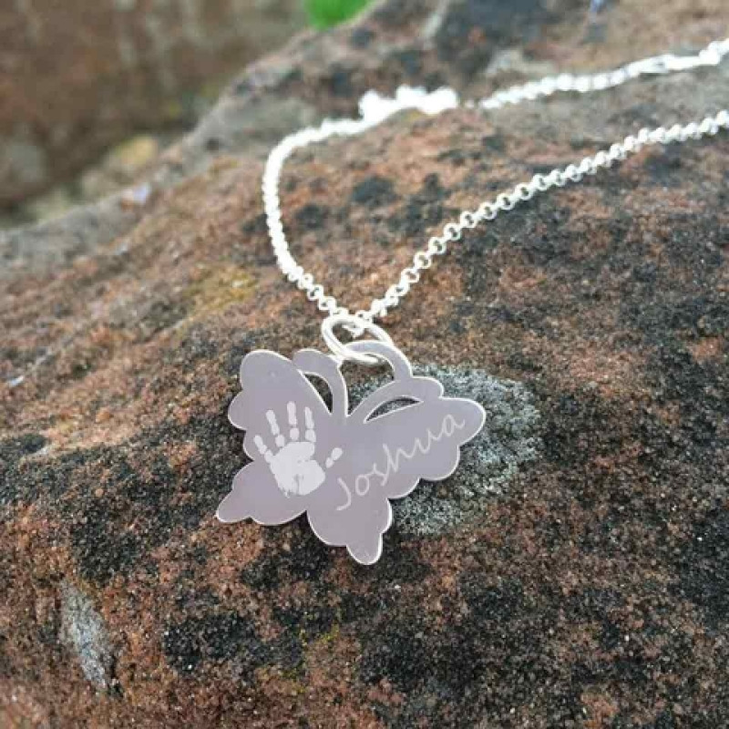 Engraved Butterfly Handprint Necklace Engraved butterfly handprint necklace pendant