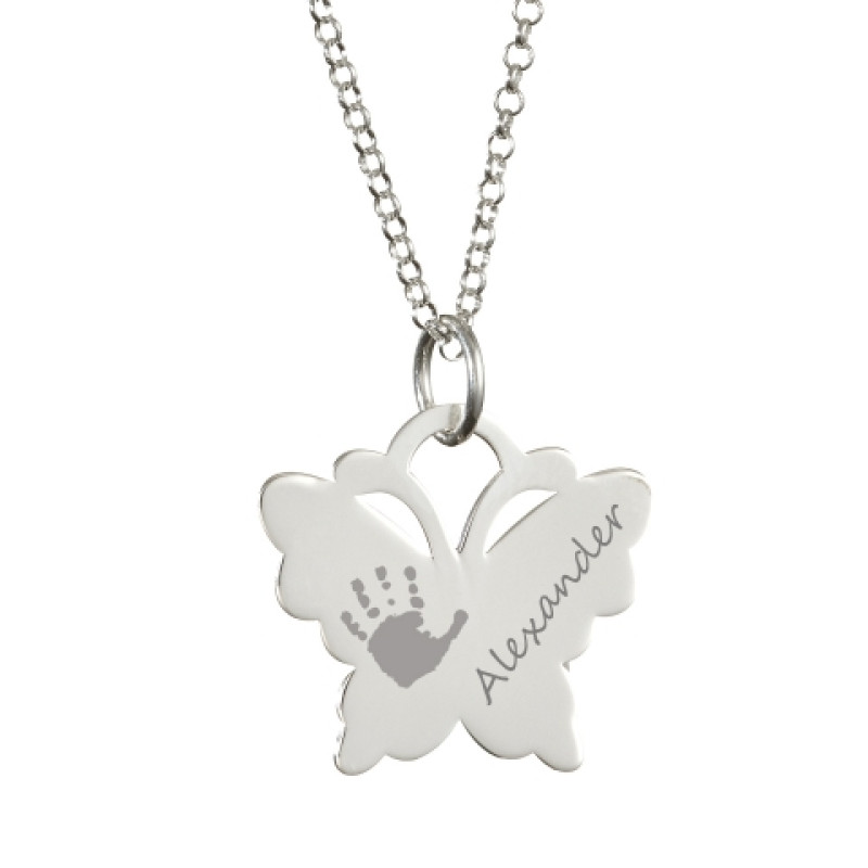 Engraved Butterfly Handprint Necklace Back view of engraved butterfly handprint necklace