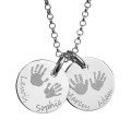 Personalised sterling silver necklace with four children's handprints on engraved discs