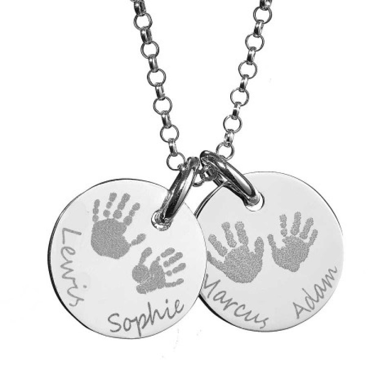 Personalised sterling silver necklace with four children's handprints on engraved discs