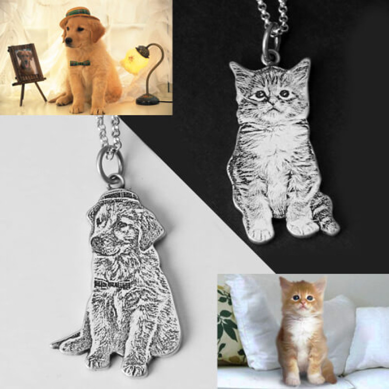 Personalised pet photo engraved necklace with silhouette charm pendant