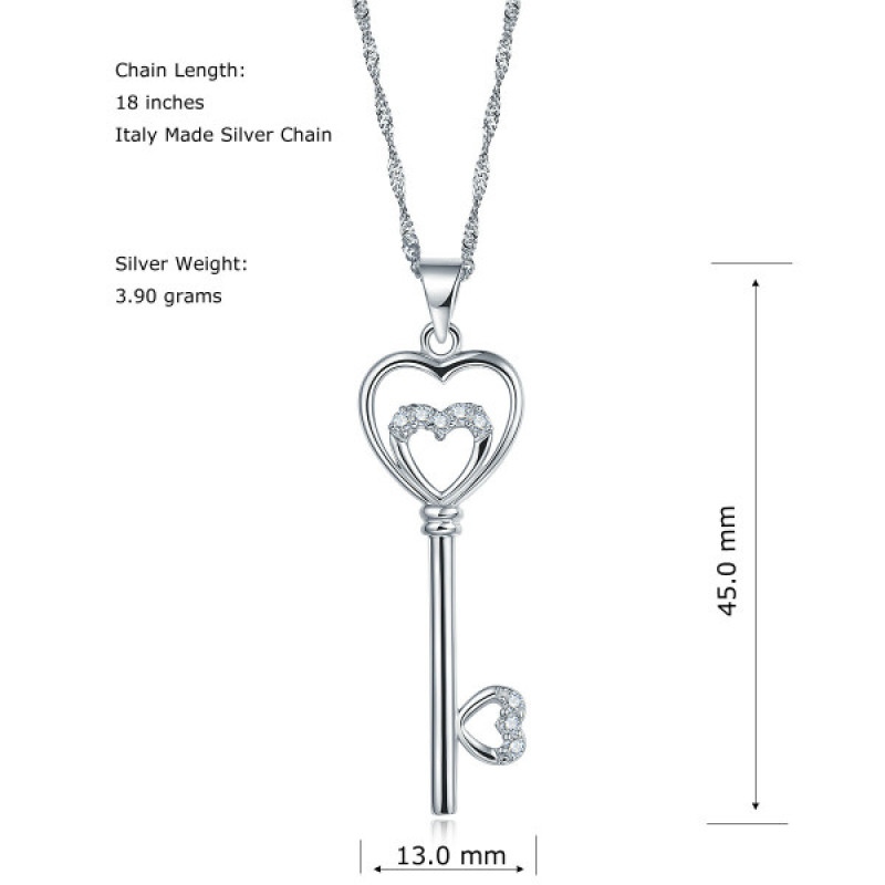 Sterling silver key pendant necklace with a double-heart detail