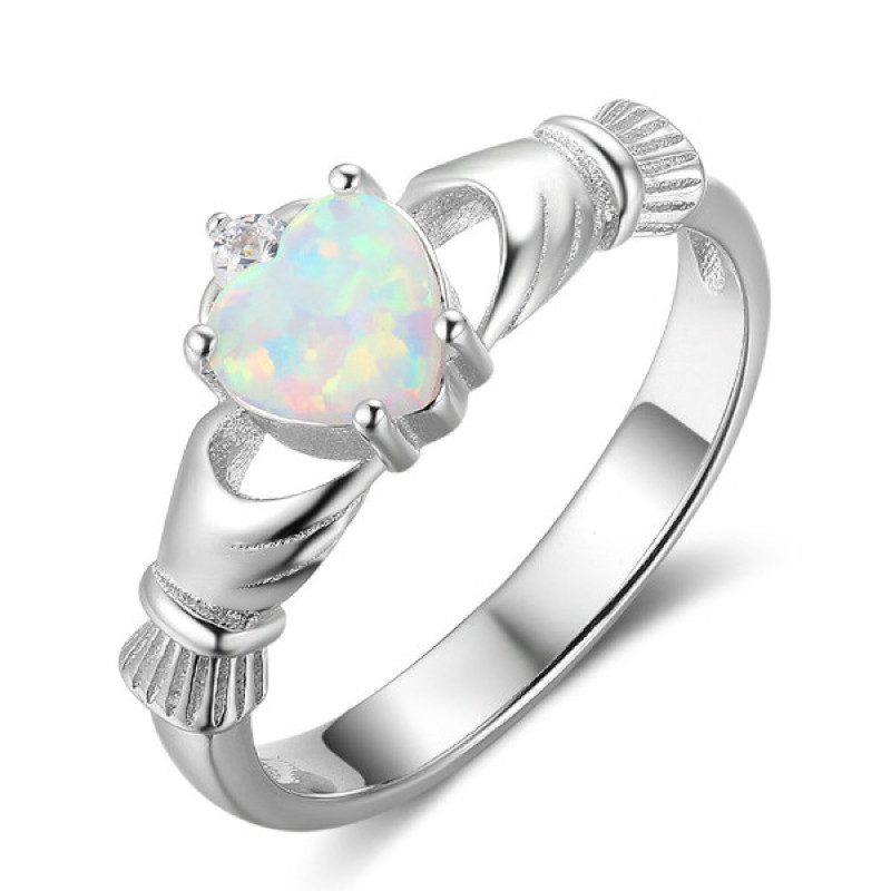 Sterling silver Claddagh ring with heart-cut synthetic white opal stone