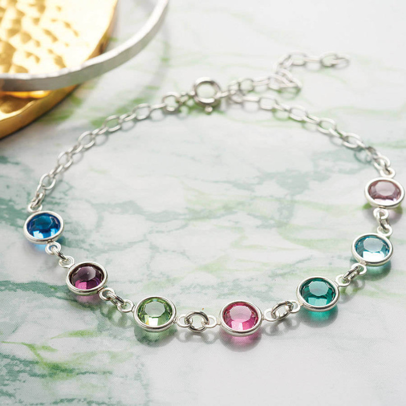 Personalised family birthstone link bracelet with Swarovski crystal stones