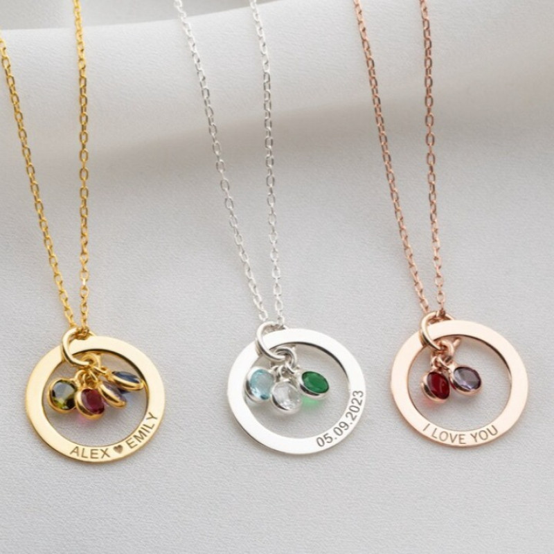 Family eternal ring and birthstone personalised necklace