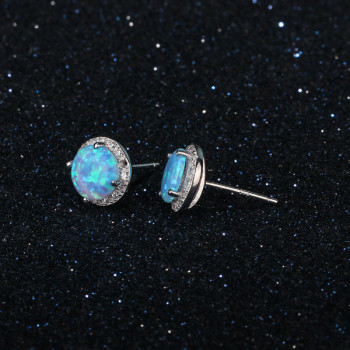Vibrant Cultured Blue Opal Earrings set in 925 Silver(Round 8mm Blue Opal) Vibrant Cultured Blue Opal Earrings set in 925 Silver(Round 8mm Blue Opal)