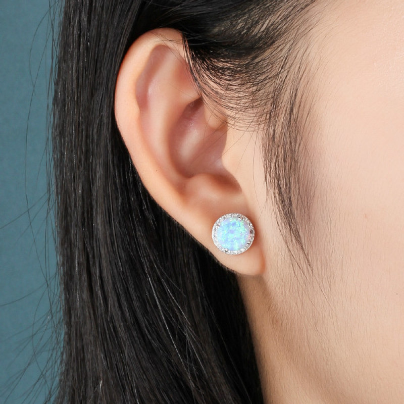 Cultured Blue Opal Stud Earrings in Sterling Silver Round cultured blue opal stud earrings in sterling silver