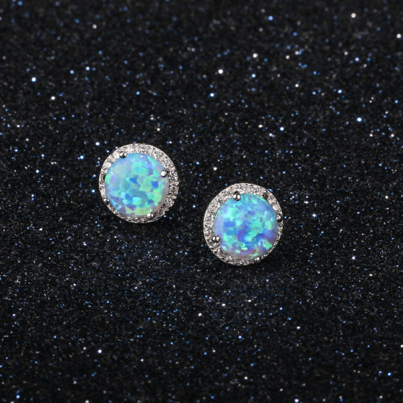 Cultured Blue Opal Stud Earrings in Sterling Silver Round cultured blue opal stud earrings in sterling silver