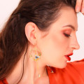 Long tassel hook drop earrings with enamel flower and bird
