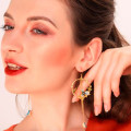 Long tassel hook drop earrings with enamel flower and bird