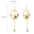Long tassel hook drop earrings with enamel flower and bird