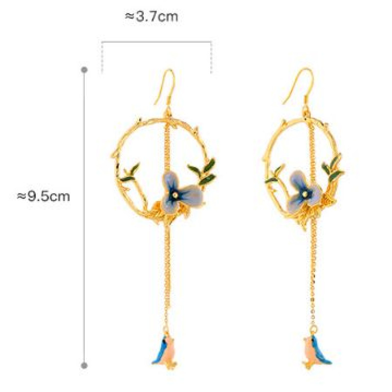 Long tassel hook drop earrings with enamel flower and bird