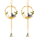 Long tassel hook drop earrings with enamel flower and bird