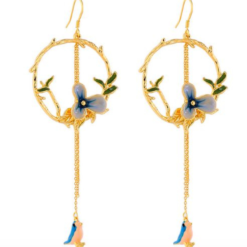 Long tassel hook drop earrings with enamel flower and bird