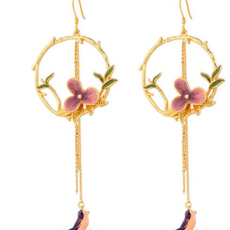 Long tassel hook drop earrings with enamel flower and bird