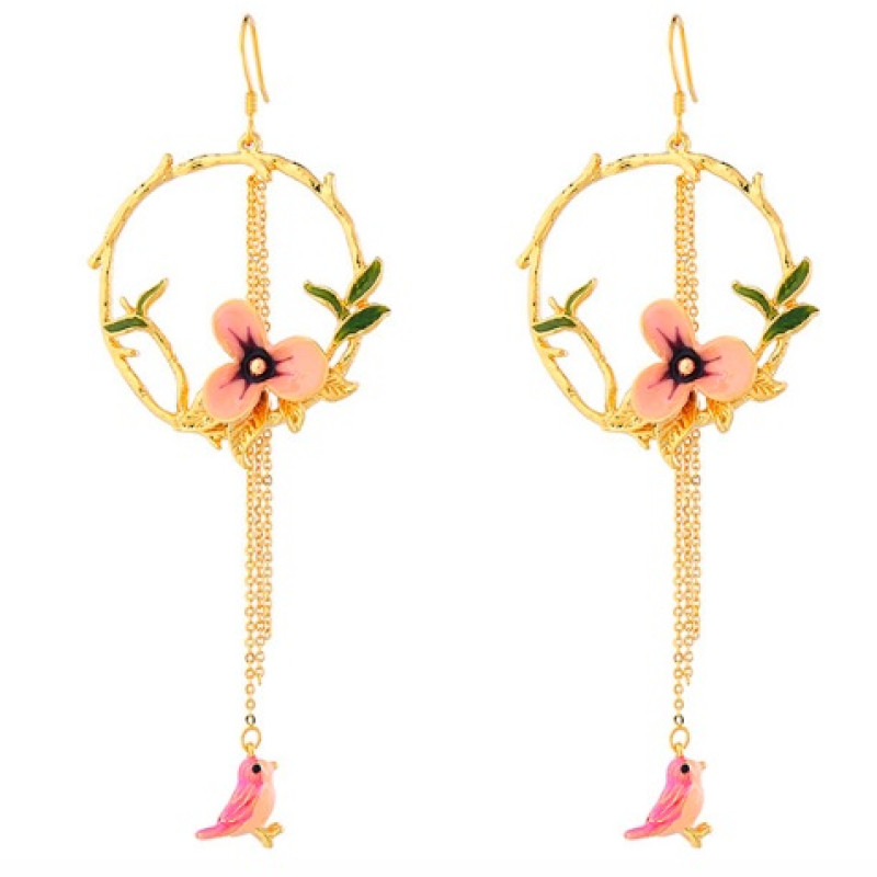 Long tassel hook drop earrings with enamel flower and bird