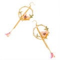 Long tassel hook drop earrings with enamel flower and bird