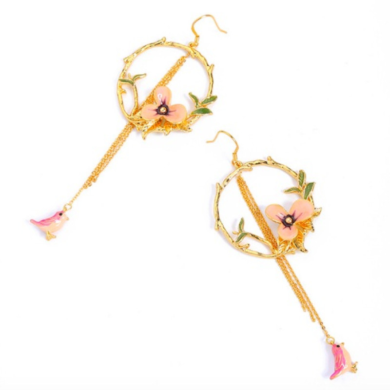 Long tassel hook drop earrings with enamel flower and bird