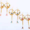 Long tassel hook drop earrings with enamel flower and bird