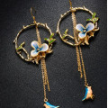 Long tassel hook drop earrings with enamel flower and bird