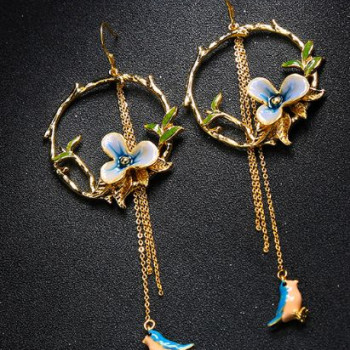 Long Tassel Hook Drop Earrings With Enamel Flower And Bird