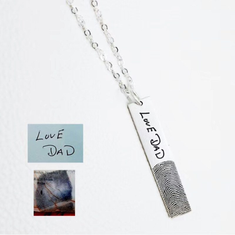 Sterling silver fingerprint bar necklace with signature engraving