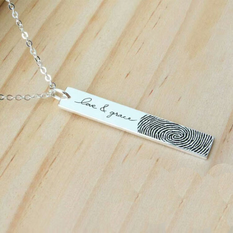 Sterling silver fingerprint bar necklace with signature engraving