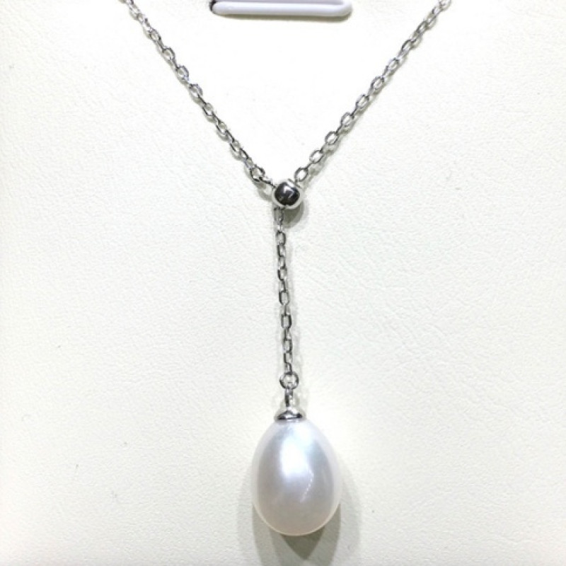 Freshwater pearl oval lariat drop necklace in sterling silver