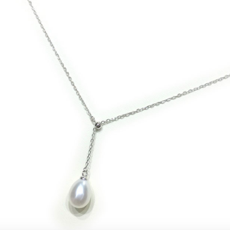 Freshwater pearl oval lariat drop necklace in sterling silver