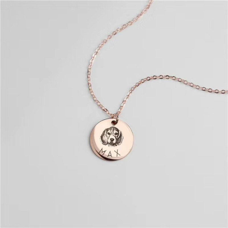Round pendant necklace personalised with an engraved pet photo