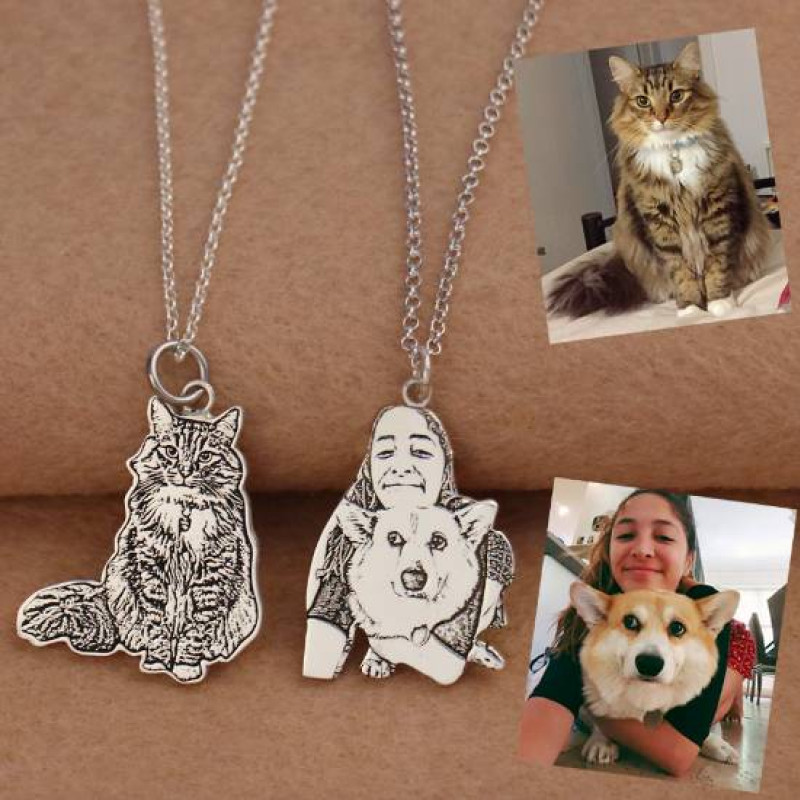 Custom pet photo engraved necklace in sterling silver