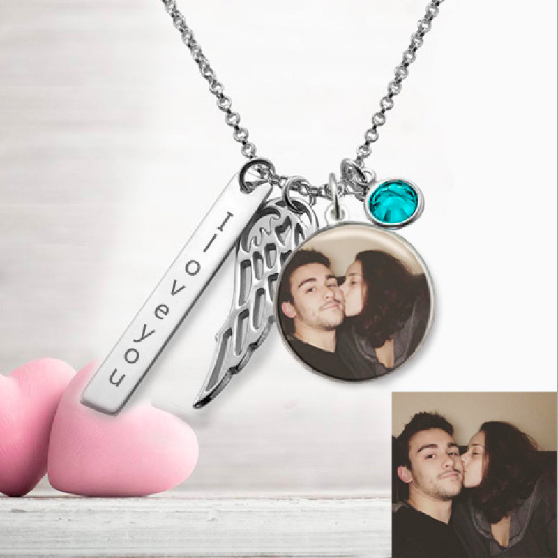 Custom Photo Wing Engraved Bar Necklace Custom photo wing engraved bar necklace in sterling silver