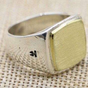Solid Sterling Silver Square Signet Ring With Gold Brushed Surface Effect