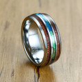 Tungsten Koa wood barrel style eternity ring with pearl inlay