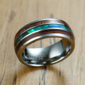 Tungsten Koa wood barrel style eternity ring with pearl inlay