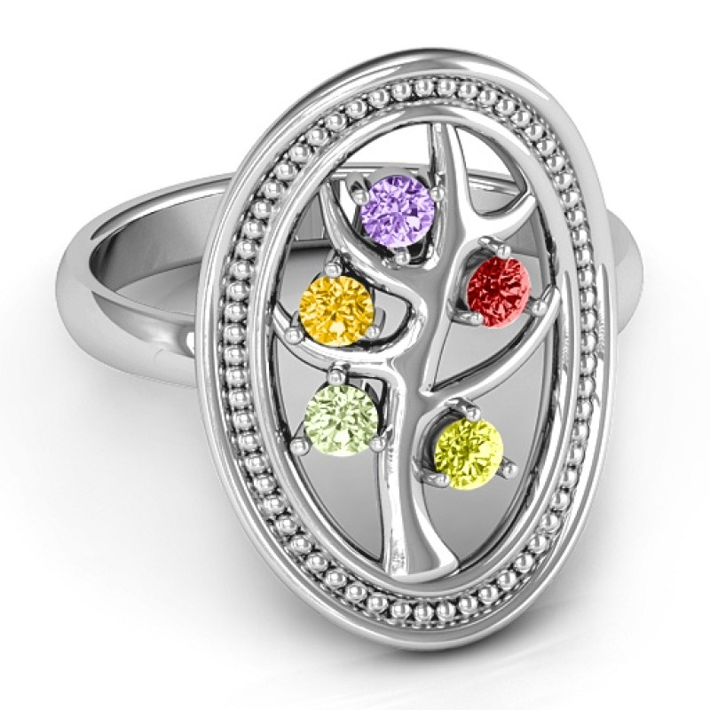 Organic Tree of Life Ring with beaded oval frame and family tree design