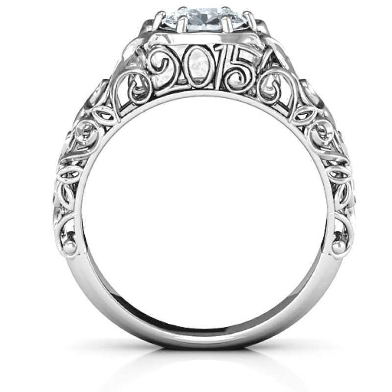 Personalized vintage graduation ring with a cursive 2015 cutout and oval centre stone